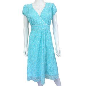 Jody California Vintage 1970s Embroidered Blue Midi Dress Size 13/14